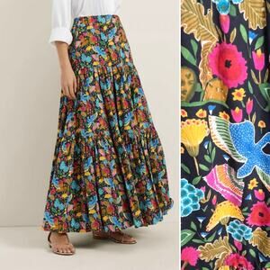 La DoubleJ Tiered Maxi Skirt XL Black Floral Colorful Cotton Pockets Mantero